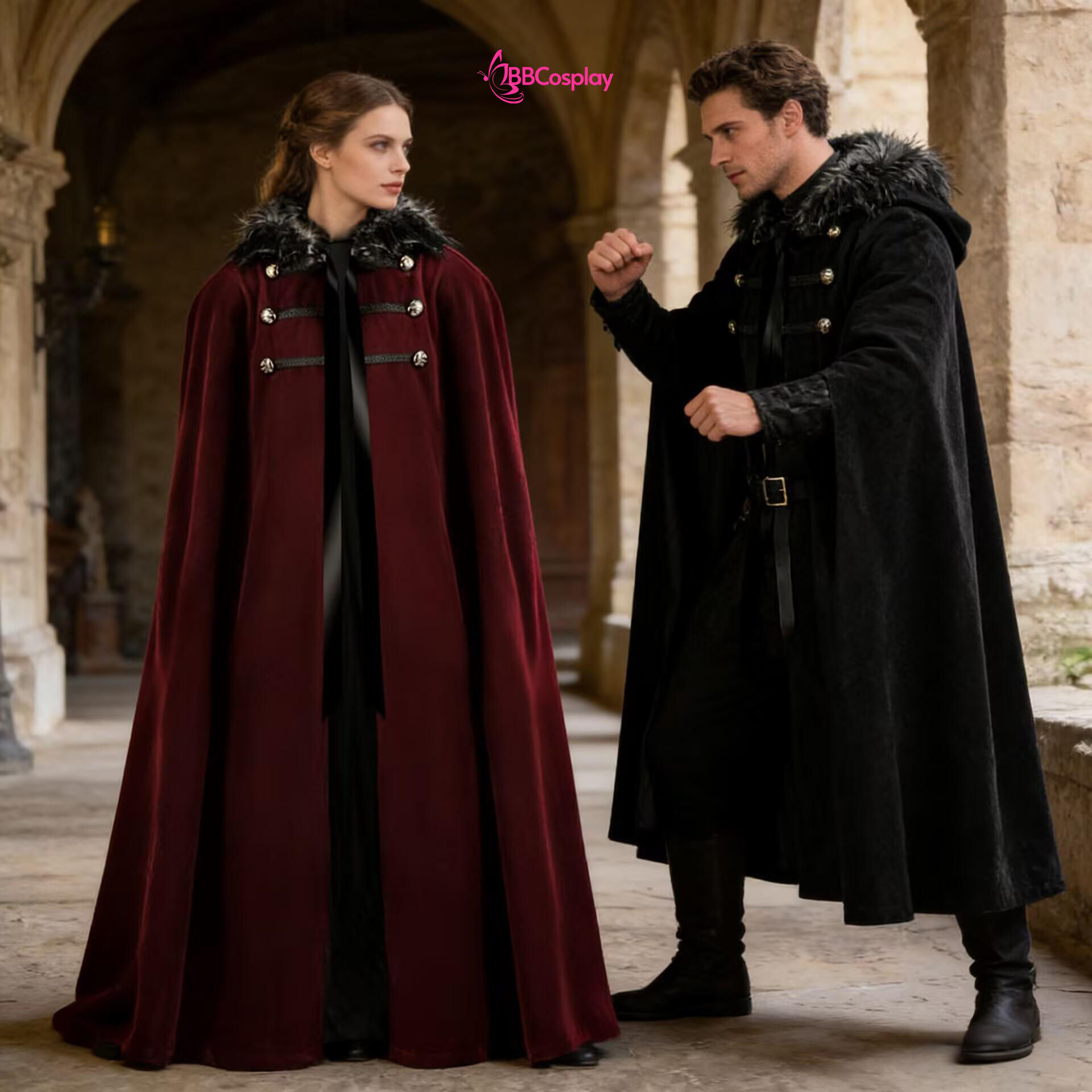 Áo Choàng Trung Cổ Vải Nhung Kèm Nón Trùm - Màu Đen Viền Lông