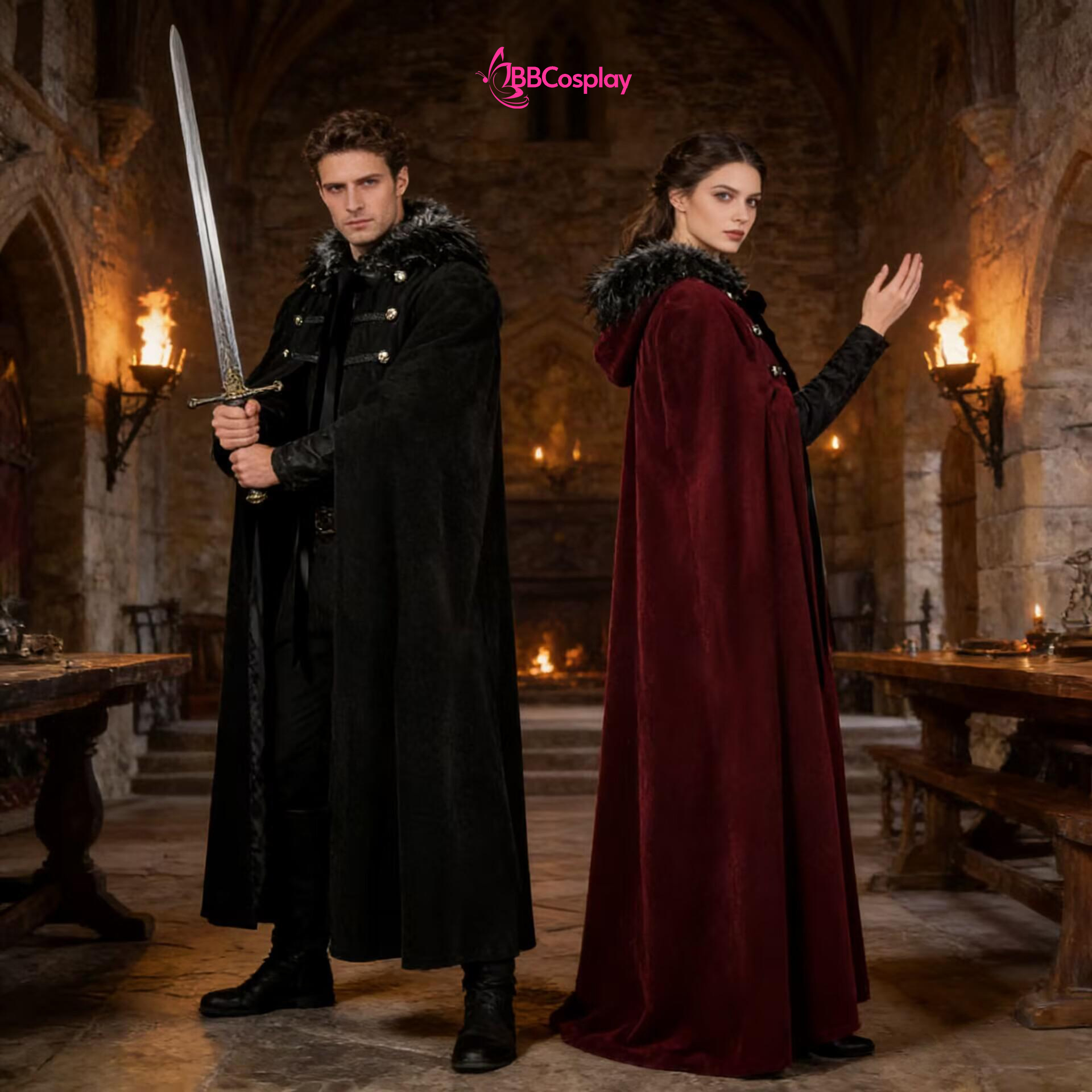 Áo Choàng Trung Cổ Vải Nhung Kèm Nón Trùm - Màu Đen Viền Lông