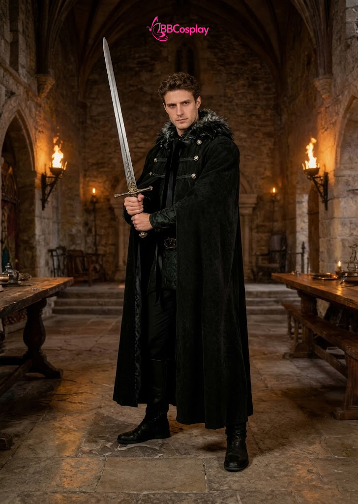 Áo Choàng Trung Cổ Vải Nhung Kèm Nón Trùm - Màu Đen Viền Lông