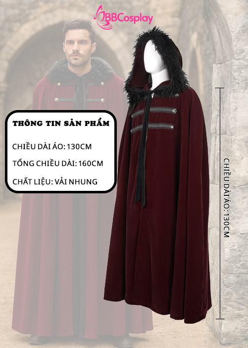 Áo Choàng Trung Cổ Vải Nhung Kèm Nón Trùm - Màu Đỏ Đô Viền Lông