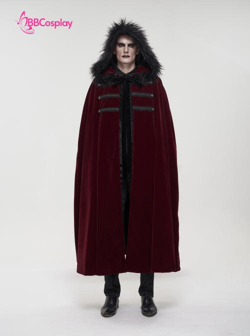 Áo Choàng Trung Cổ Vải Nhung Kèm Nón Trùm - Màu Đỏ Đô Viền Lông