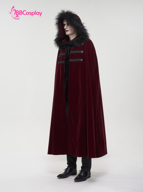 Áo Choàng Trung Cổ Vải Nhung Kèm Nón Trùm - Màu Đỏ Đô Viền Lông