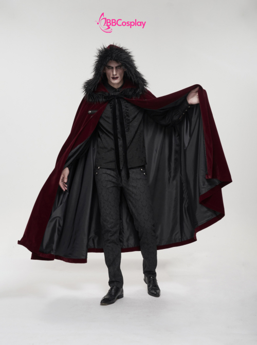 Áo Choàng Trung Cổ Vải Nhung Kèm Nón Trùm - Màu Đỏ Đô Viền Lông