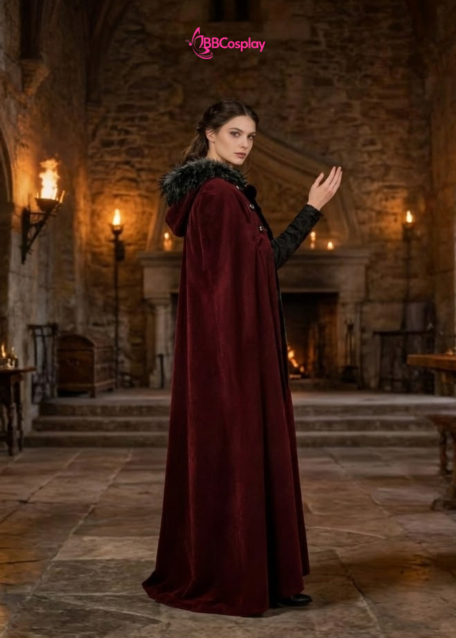 Áo Choàng Trung Cổ Vải Nhung Kèm Nón Trùm - Màu Đỏ Đô Viền Lông