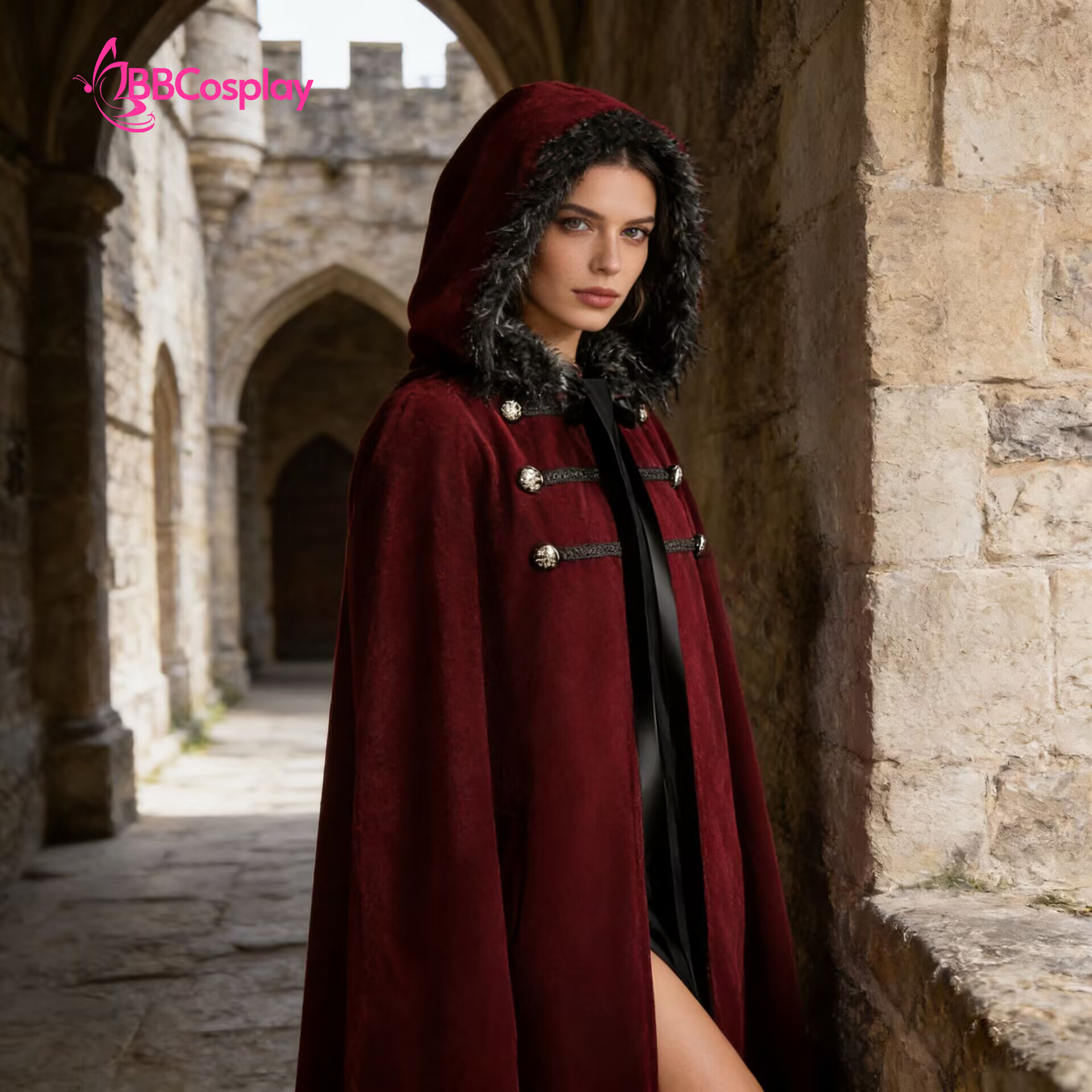 Áo Choàng Trung Cổ Vải Nhung Kèm Nón Trùm - Màu Đỏ Đô Viền Lông