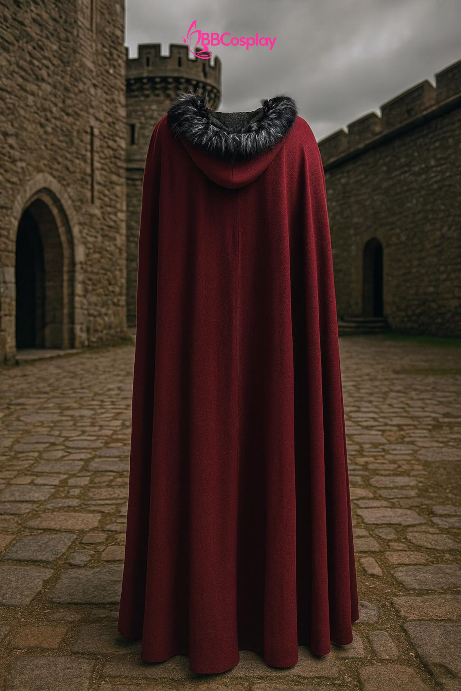 Áo Choàng Trung Cổ Vải Nhung Kèm Nón Trùm - Màu Đỏ Đô Viền Lông