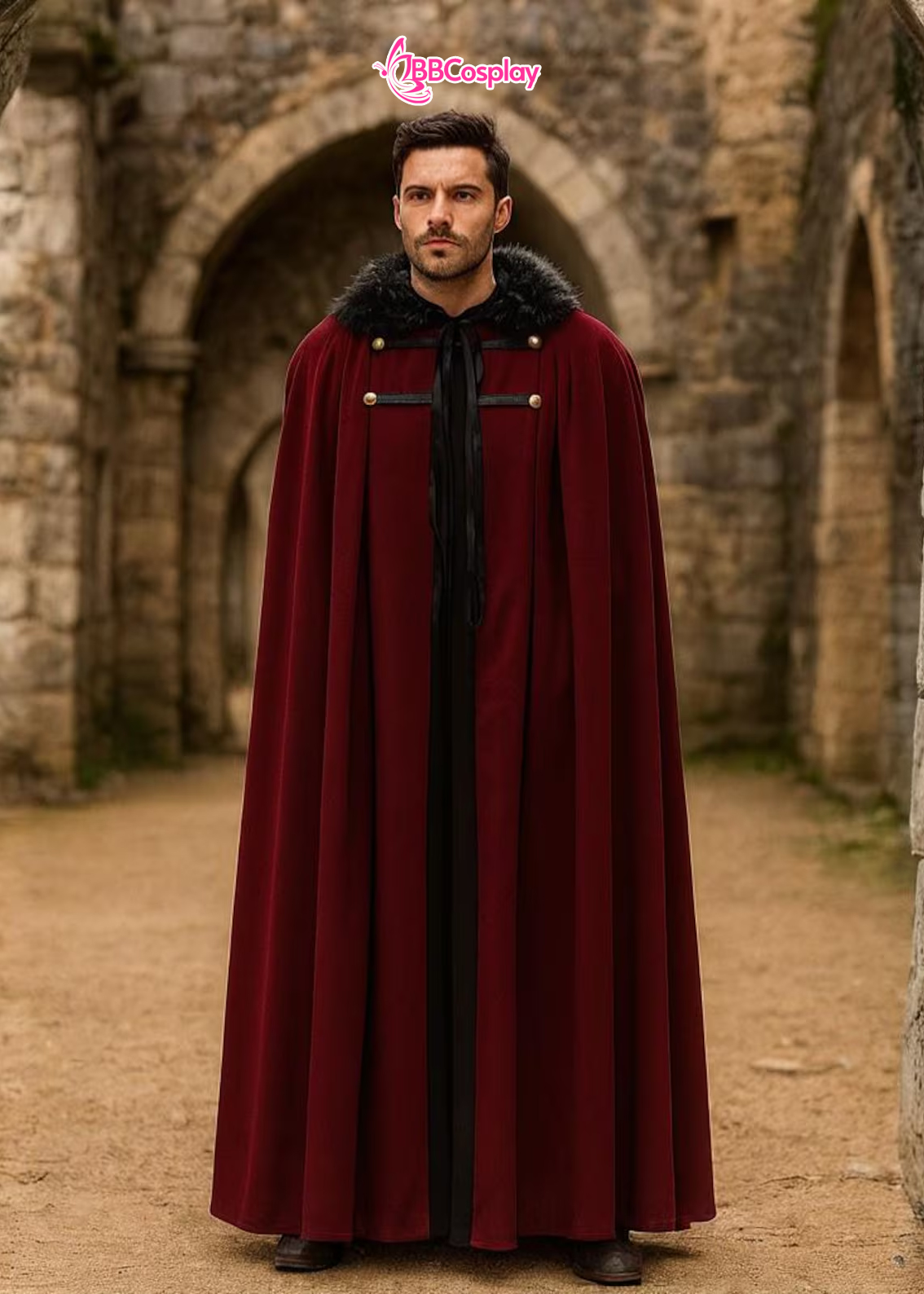 Áo Choàng Trung Cổ Vải Nhung Kèm Nón Trùm - Màu Đỏ Đô Viền Lông