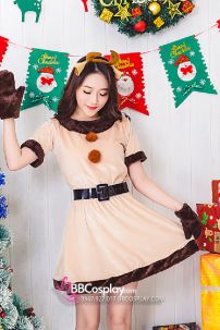 Đồ Tuần Lộc Nữ Đáng Yêu Màu Kem Viền Nâu Tặng Kèm Cài Tóc