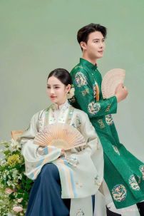 Đồ Cặp Đôi Việt Phục Ngũ Thân Tone Xanh Lá  - Hoạ Tiết In