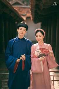 Đồ Việt Phục Cặp Đôi Ngũ Thân Xanh Navy Lót Đỏ Và Hồng Nude