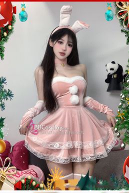 Trang Phục Bunny Noel Hồng Cúp Ngực Viền Lông