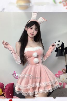 Trang Phục Bunny Noel Hồng Cúp Ngực Viền Lông