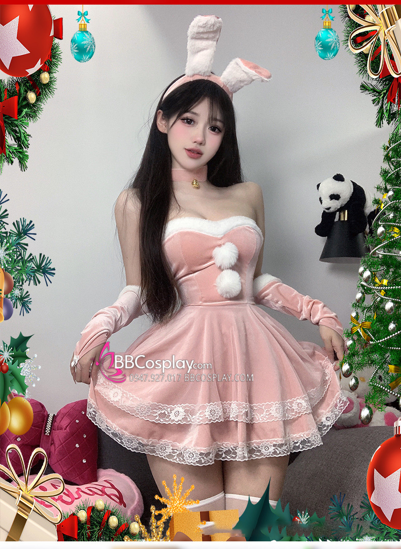 Trang Phục Bunny Noel Hồng Cúp Ngực Viền Lông