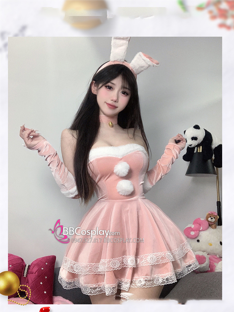 Trang Phục Bunny Noel Hồng Cúp Ngực Viền Lông