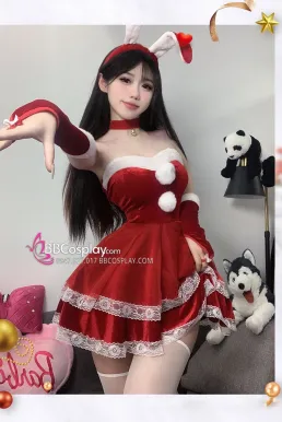 Trang Phục Bunny Noel Đỏ Cúp Ngực Viền Lông