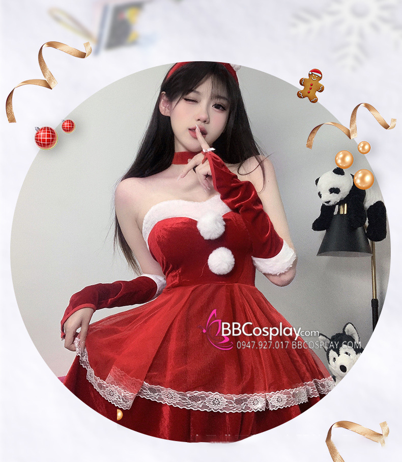 Trang Phục Bunny Noel Đỏ Cúp Ngực Viền Lông