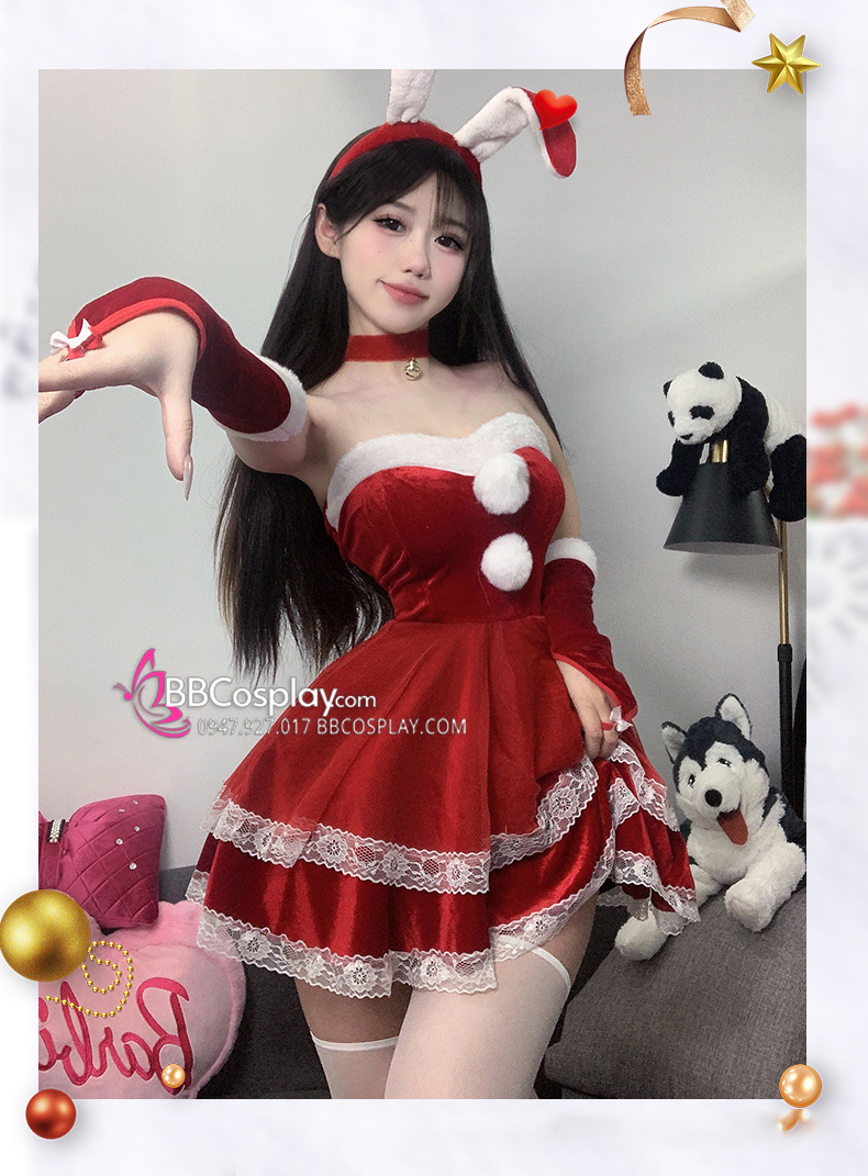 Trang Phục Bunny Noel Đỏ Cúp Ngực Viền Lông