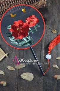 Quạt Thêu Mẫu Đơn Bướm Lượn - Mẫu Quạt Tròn