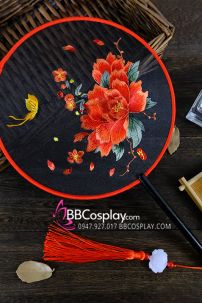 Quạt Thêu Mẫu Đơn Bướm Lượn - Mẫu Quạt Tròn