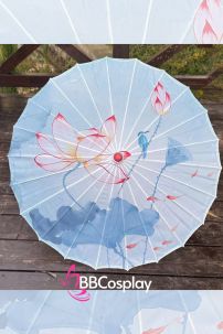 Dù Vải Cổ Phong Hoa Sen Trên Hồ Cá Nền Xanh Dương