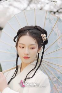 Dù Vải Cổ Phong Hoa Sen Trên Hồ Cá Nền Xanh Dương