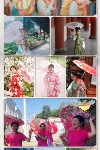 Dù Vải Cổ Phong Hoa Phù Dung Trắng Nền Xanh Mơ