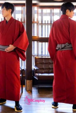 Trang Phục Nam Nhật Bản Yukata Đỏ Kèm Khoác Haori Thêu Gia Huy Hoa Mai - HÀNG SHOP MAY