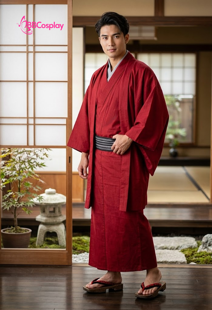 Trang Phục Nam Nhật Bản Yukata Đỏ Kèm Khoác Haori Thêu Gia Huy Hoa Mai - HÀNG SHOP MAY