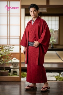 Trang Phục Nam Nhật Bản Yukata Đỏ Kèm Khoác Haori Thêu Gia Huy Hoa Mai - HÀNG SHOP MAY