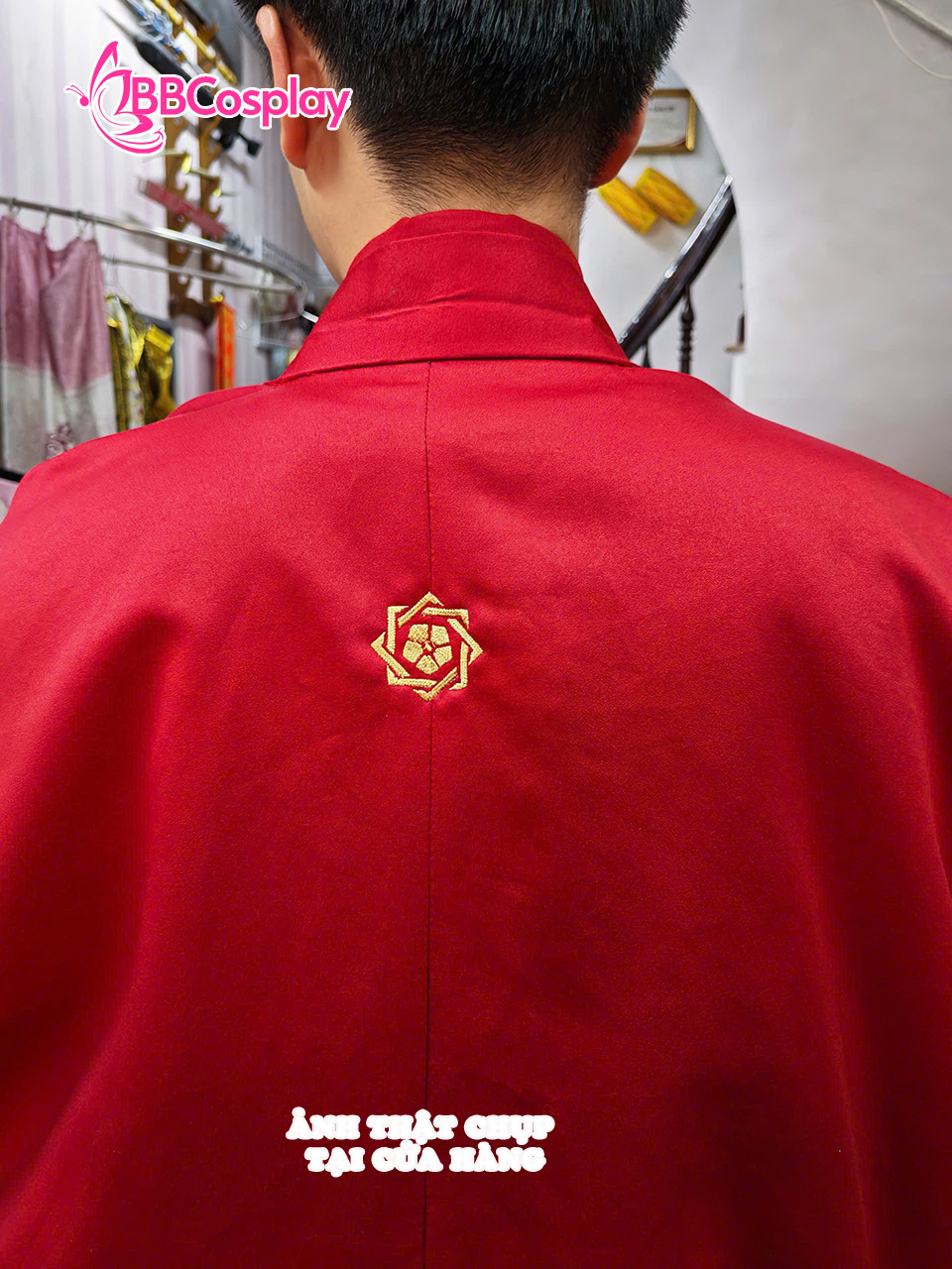 Trang Phục Nam Nhật Bản Yukata Đỏ Kèm Khoác Haori Thêu Gia Huy Hoa Mai - HÀNG SHOP MAY