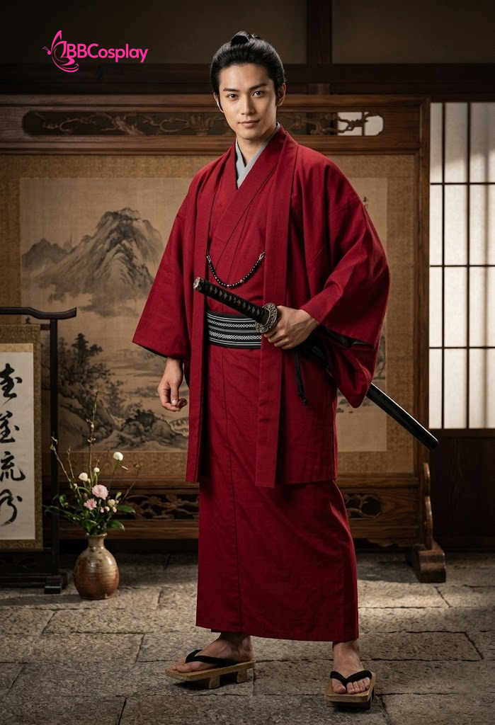 Trang Phục Nam Nhật Bản Yukata Đỏ Kèm Khoác Haori Thêu Gia Huy Hoa Mai - HÀNG SHOP MAY
