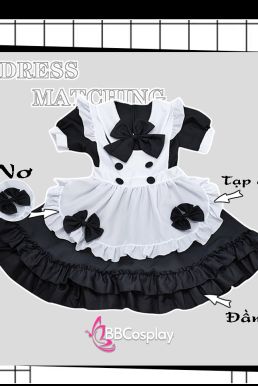 Đồ Nàng Hầu Maid Đen Cổ Bầu Tạp Dề Kèm Nơ Đen