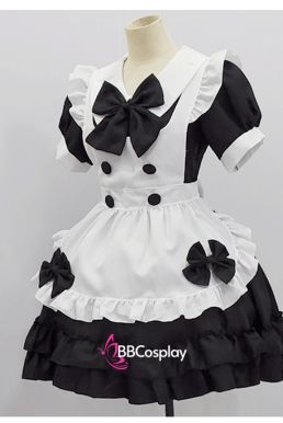 Đồ Nàng Hầu Maid Đen Cổ Bầu Tạp Dề Kèm Nơ Đen