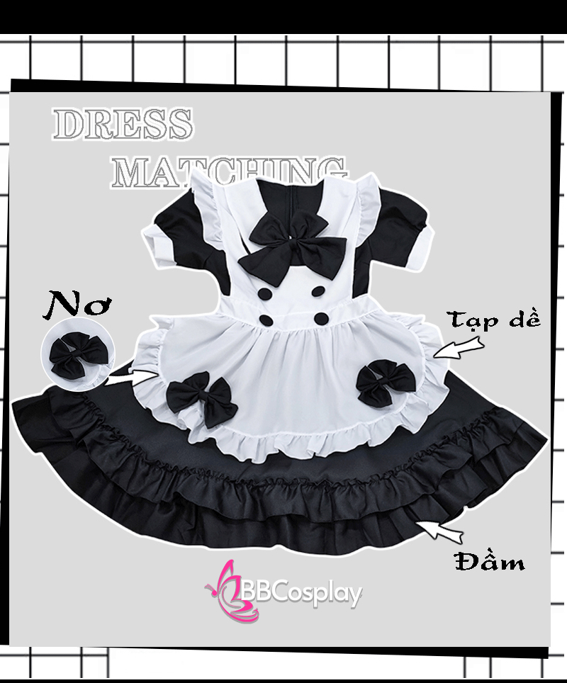 Đồ Nàng Hầu Maid Đen Cổ Bầu Tạp Dề Kèm Nơ Đen