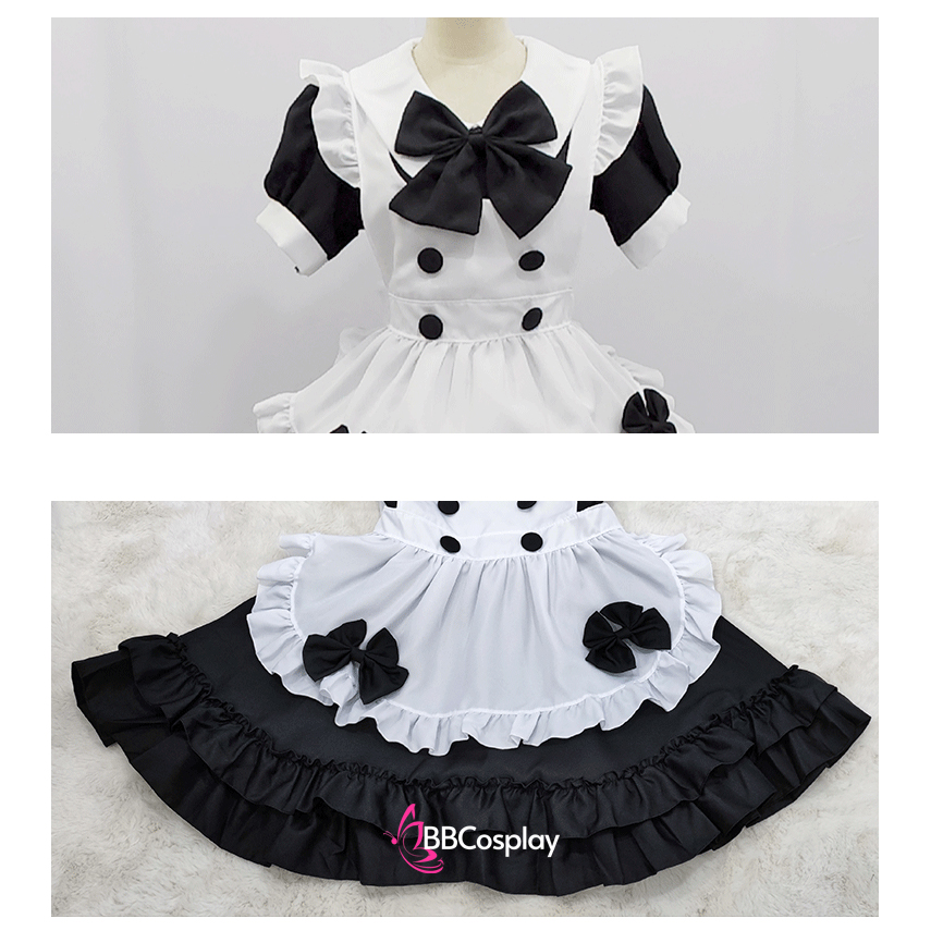 Đồ Nàng Hầu Maid Đen Cổ Bầu Tạp Dề Kèm Nơ Đen