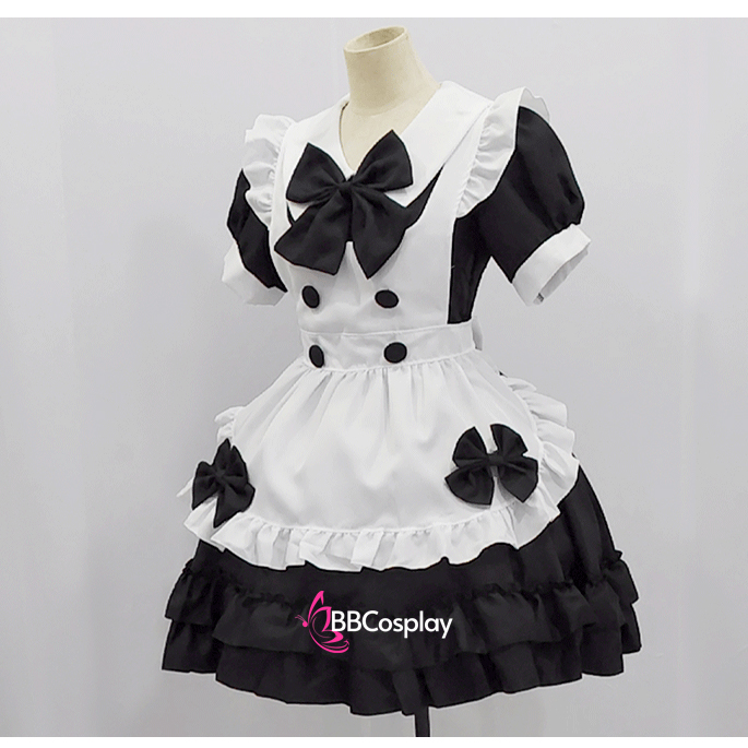 Đồ Nàng Hầu Maid Đen Cổ Bầu Tạp Dề Kèm Nơ Đen