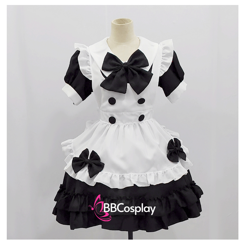 Đồ Nàng Hầu Maid Đen Cổ Bầu Tạp Dề Kèm Nơ Đen