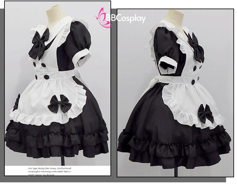 Đồ Nàng Hầu Maid Đen Cổ Bầu Tạp Dề Kèm Nơ Đen