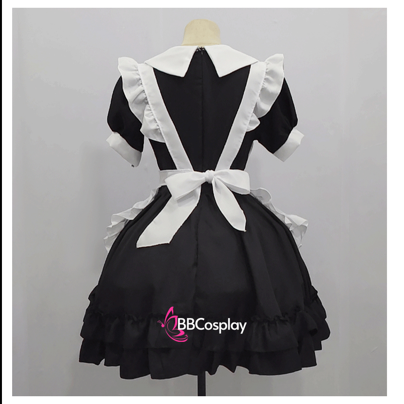 Đồ Nàng Hầu Maid Đen Cổ Bầu Tạp Dề Kèm Nơ Đen