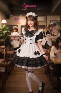 Đồ Nàng Hầu Maid Đen Cổ Bầu Tạp Dề Kèm Nơ Đen