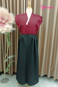 Kimono Nam Phong Cách Samurai - Áo Đỏ Váy Đen Sọc