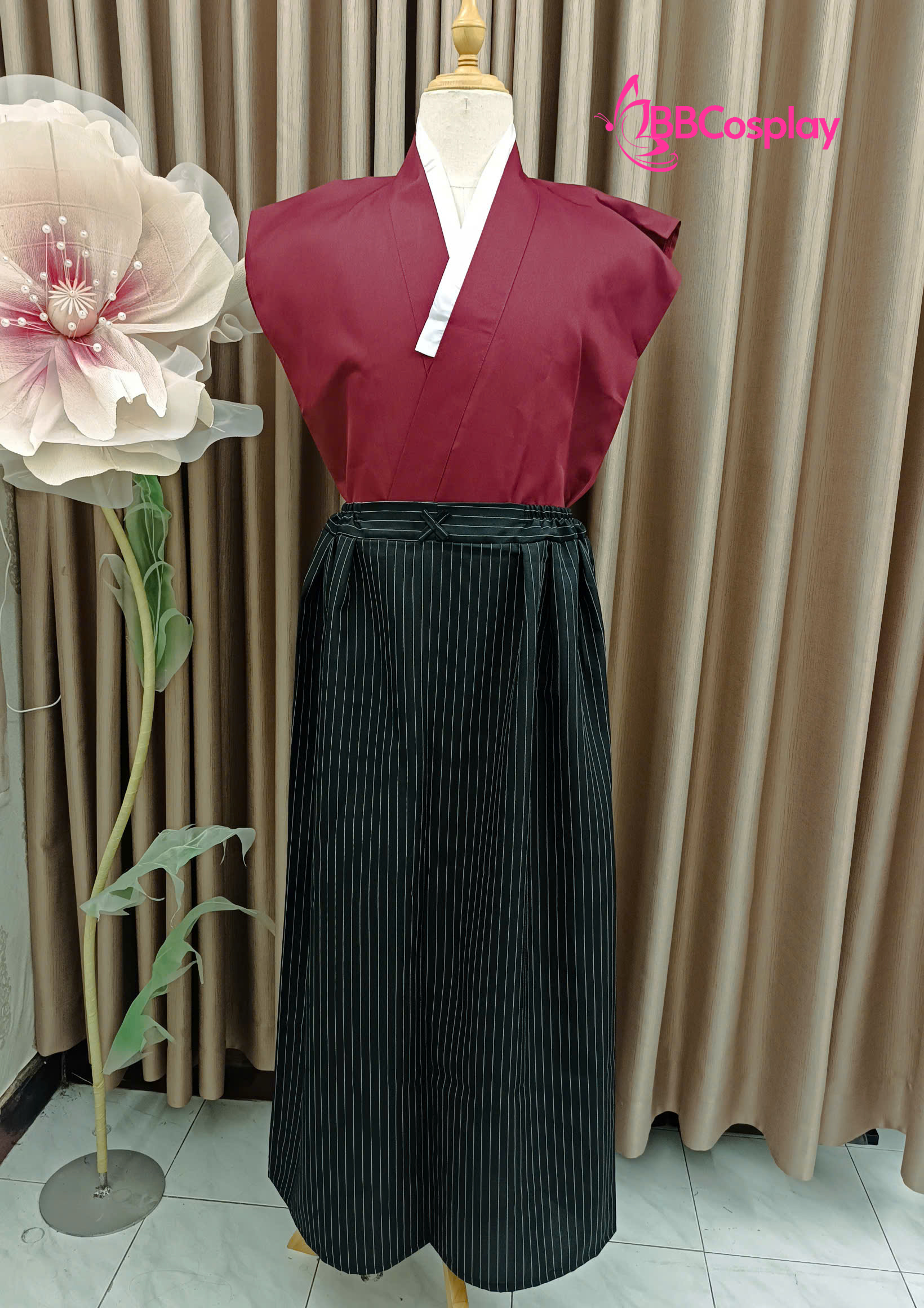 Kimono Nam Phong Cách Samurai - Áo Đỏ Váy Đen Sọc