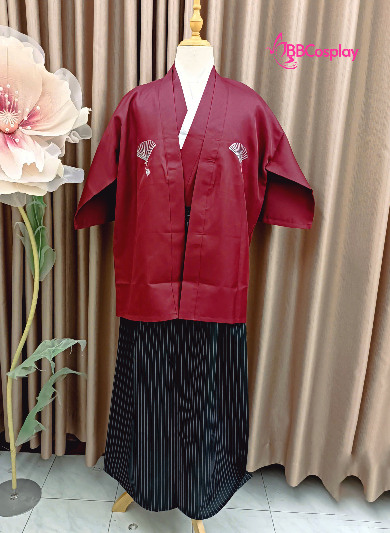 Kimono Nam Phong Cách Samurai - Áo Đỏ Váy Đen Sọc