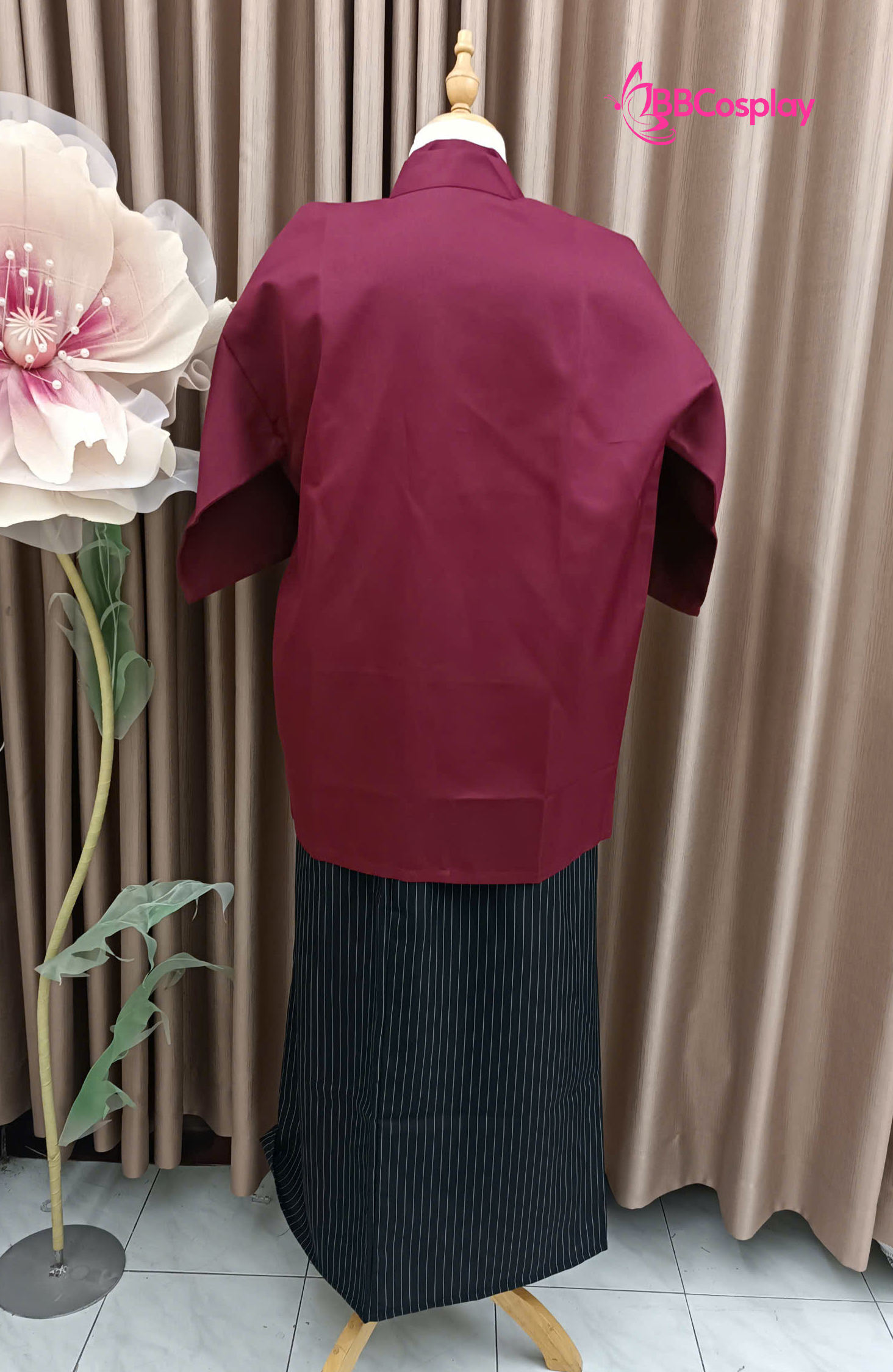 Kimono Nam Phong Cách Samurai - Áo Đỏ Váy Đen Sọc