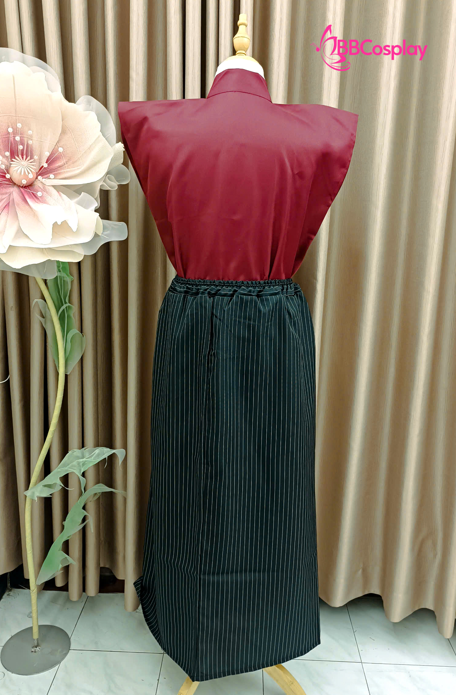 Kimono Nam Phong Cách Samurai - Áo Đỏ Váy Đen Sọc