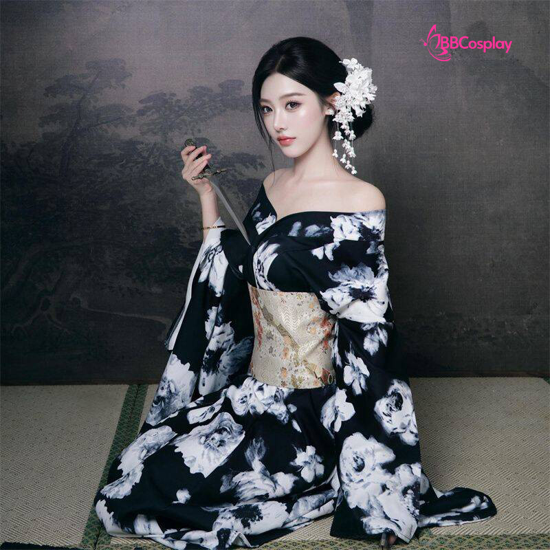 Áo Yukata Đen Hoa Trắng Xám - Mẫu Tay Ngắn