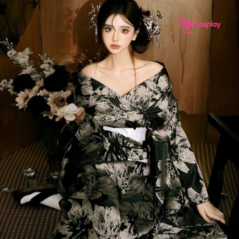 Áo Yukata Đen Hoa Trắng Xám - Mẫu Tay Ngắn