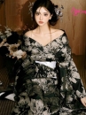 Áo Yukata Đen Hoa Trắng Xám - Mẫu Tay Ngắn