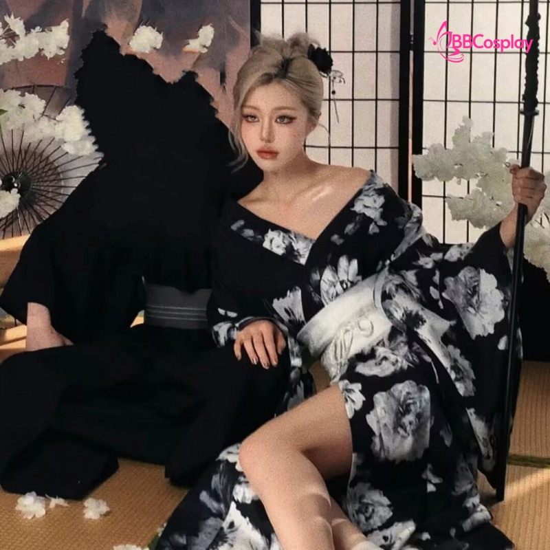 Áo Yukata Đen Hoa Trắng Xám - Mẫu Tay Ngắn