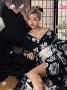 Áo Yukata Đen Hoa Trắng Xám - Mẫu Tay Ngắn